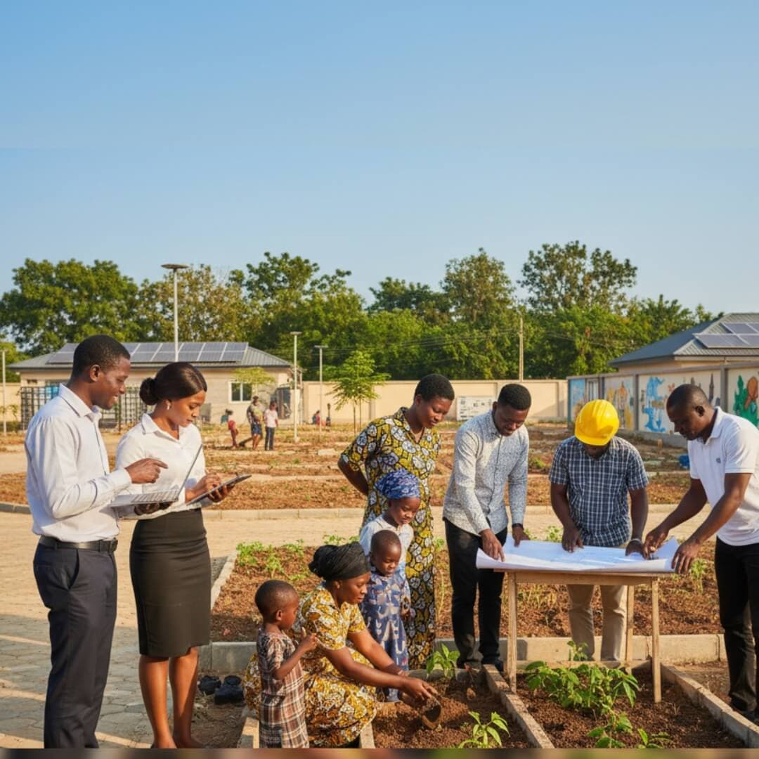 A group of diverse people working together in a workshop, looking engaged and collaborative.